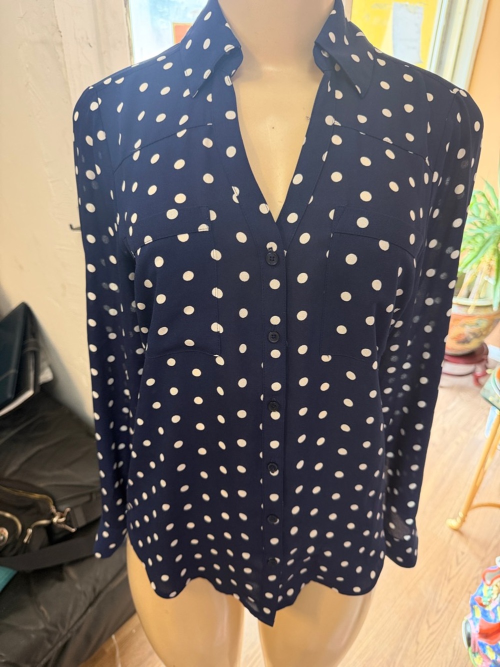Express‎ Navy and White Polka Dot Button-Down Shirt